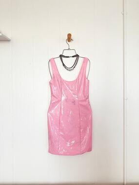 Hello Molly Pink Faux Leather Patent Mini Dress Scoop Neck Bodycon S